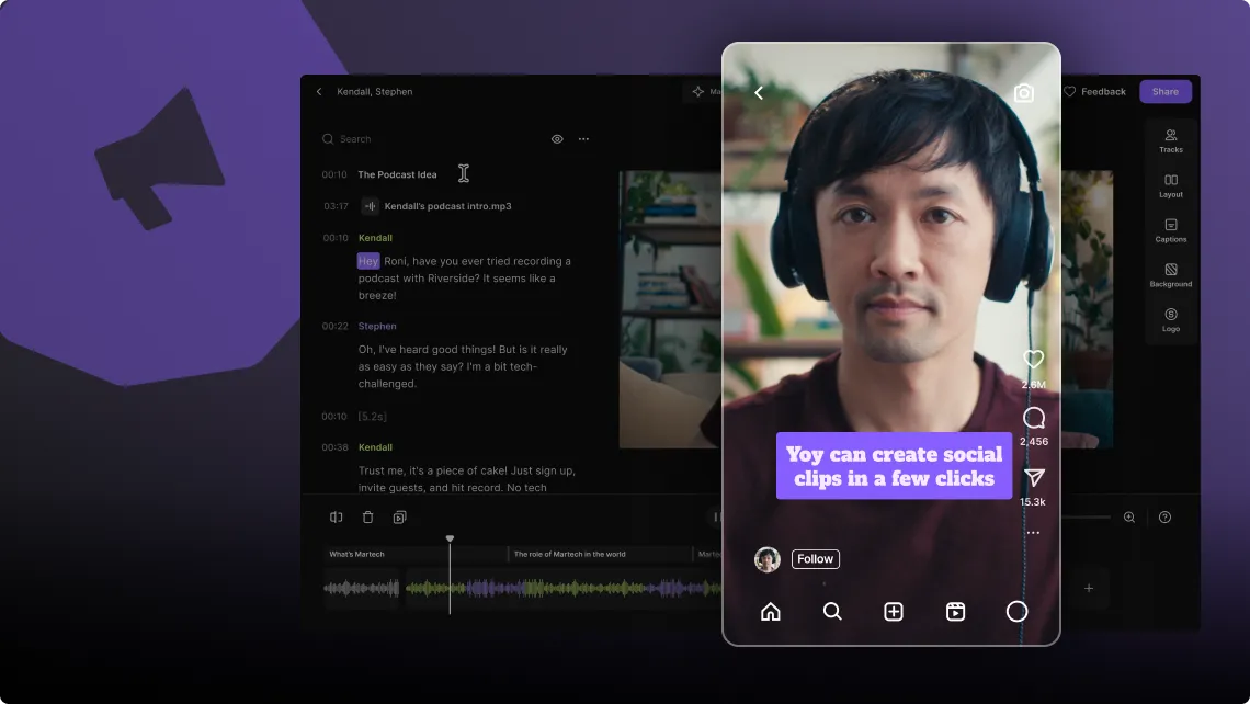 Screenshot of a podcast editing interface with text messages and audio waveforms, alongside a video overlay of a man wearing headphones and a caption saying 'You can create social clips in a few clicks.'